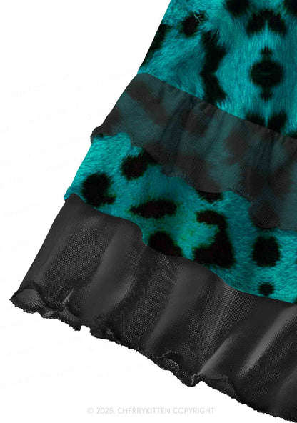 Green Leopard Y2K Print Mini Layered Skirt Cherrykitten