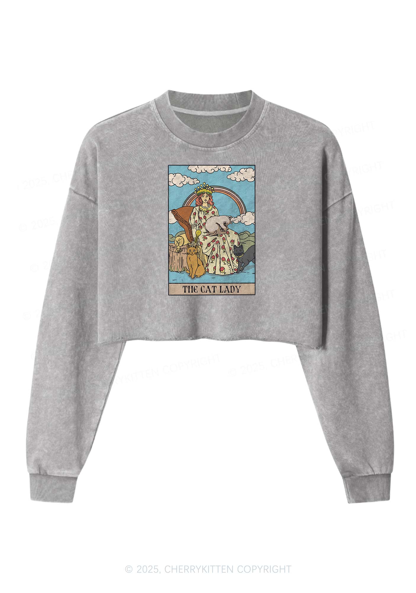The Cat Lady Y2K Crop Washed Sweatshirts Cherrykitten