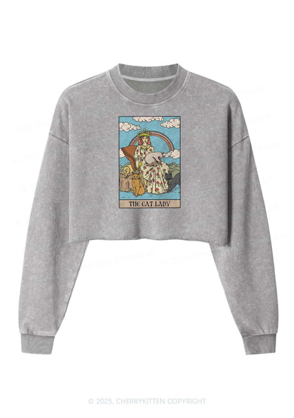 The Cat Lady Y2K Crop Washed Sweatshirts Cherrykitten