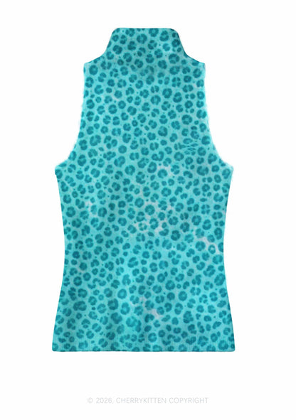 Mint Leopard Hamster Y2K Knit Turtleneck Tank Top Cherrykitten