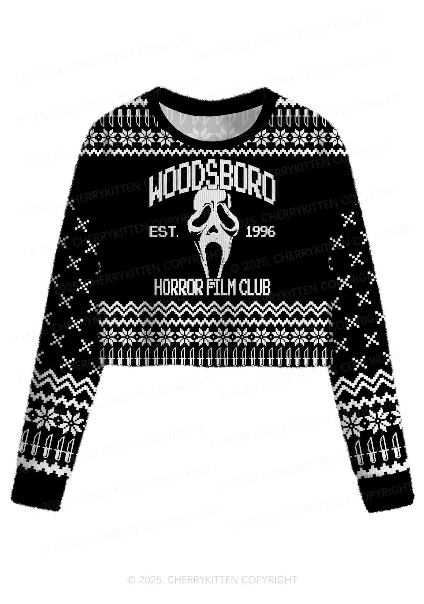 Halloween Black Horror Club Y2K Christmas Crop Knit Sweatshirt Cherrykitten