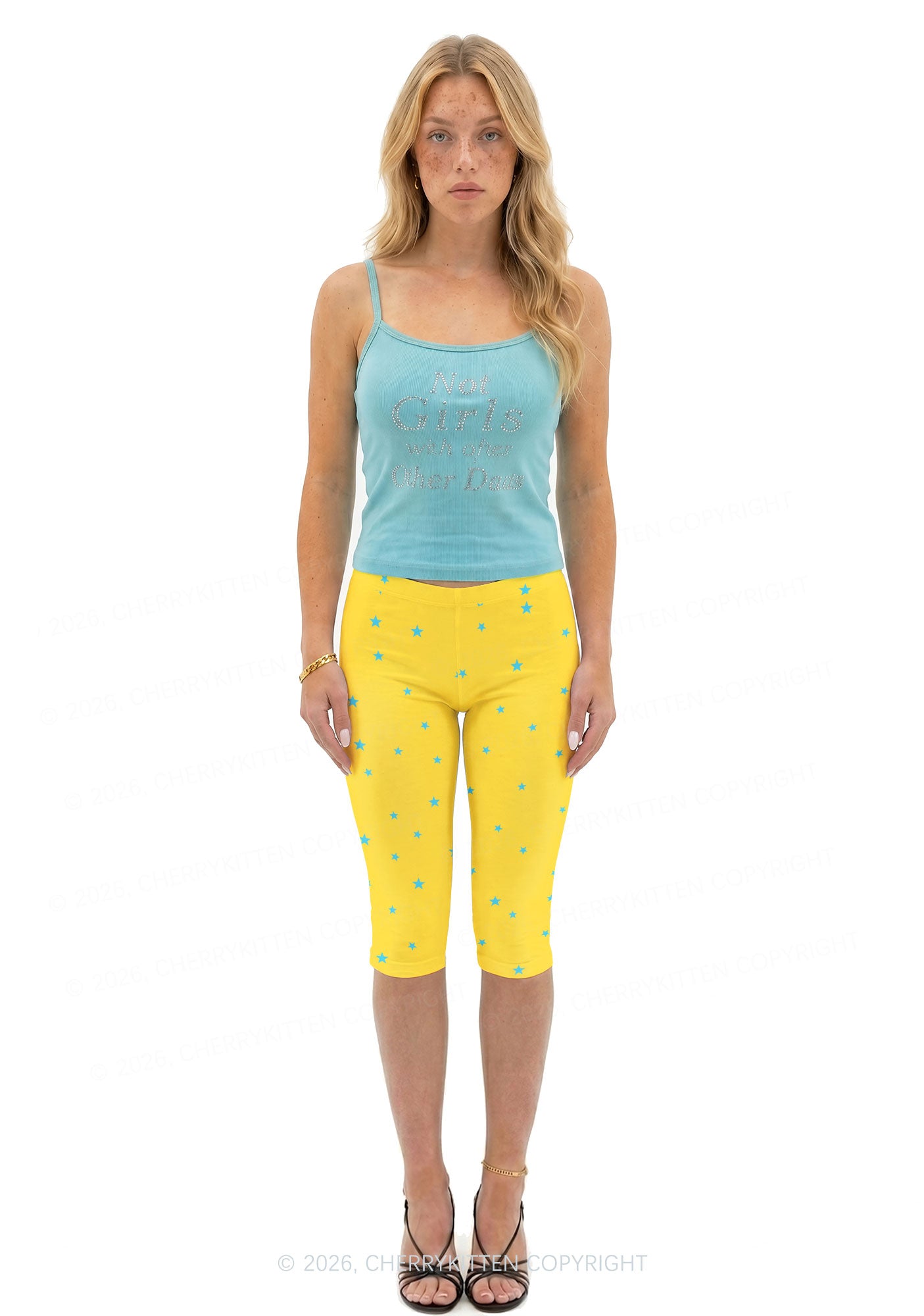 Blue Star On Yellow Y2K Print Capri Pants Cherrykitten