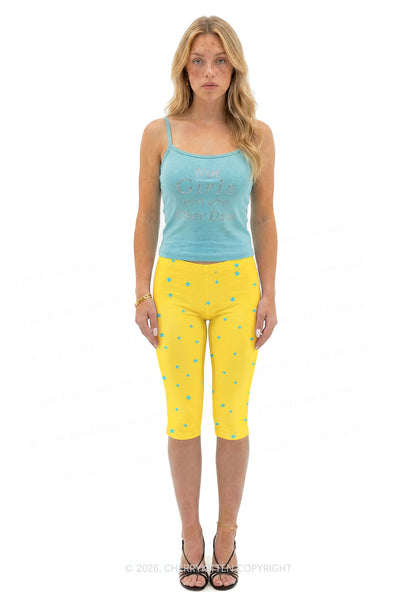 Blue Star On Yellow Y2K Print Capri Pants Cherrykitten