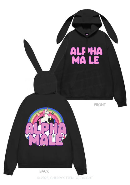Rainbow Unicorn Alpha Male Y2K Bunny Ear Zip Hoodie Cherrykitten