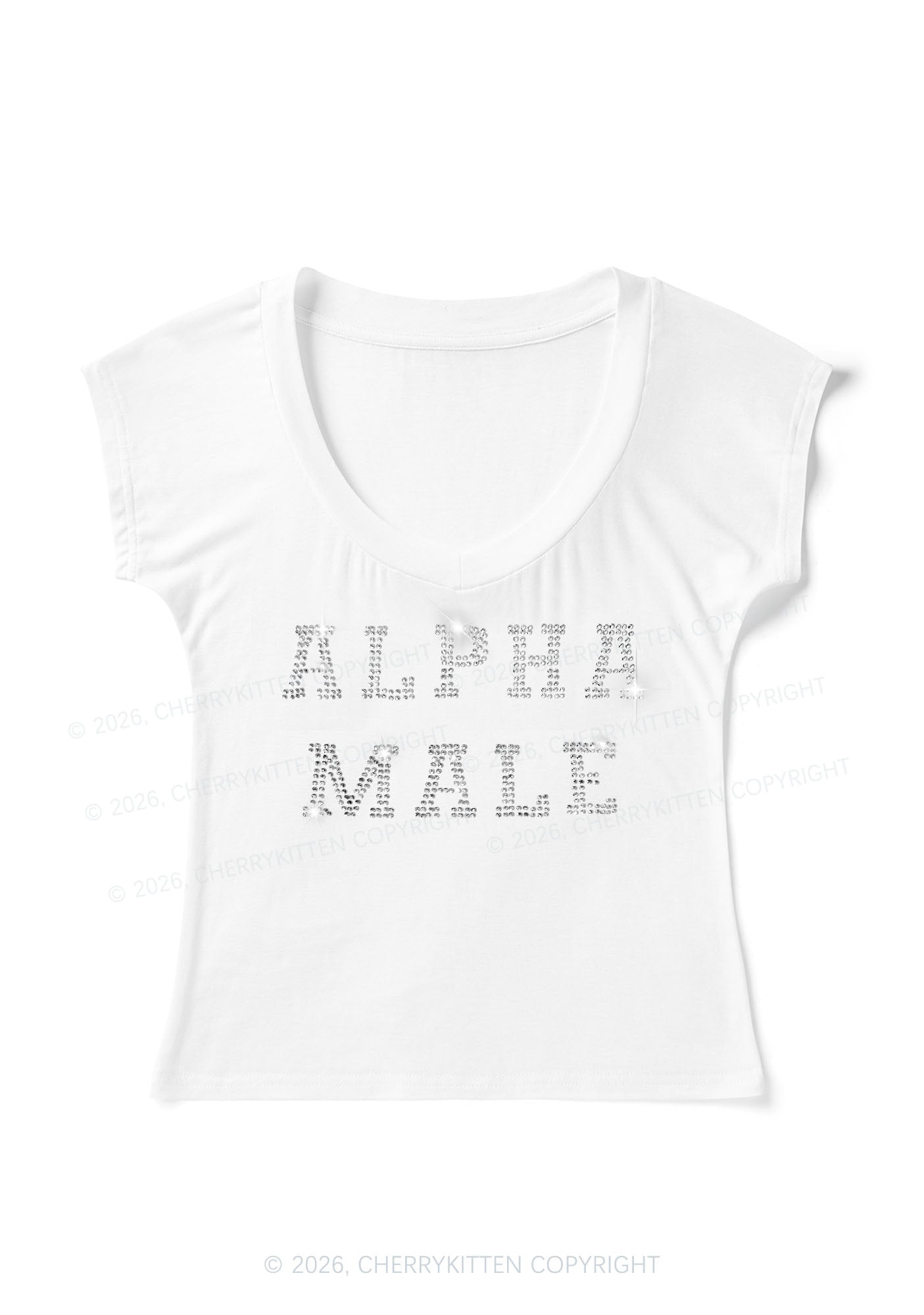 Rhinestone Alpha Male Y2K V Neck T Shirts Cherrykitten