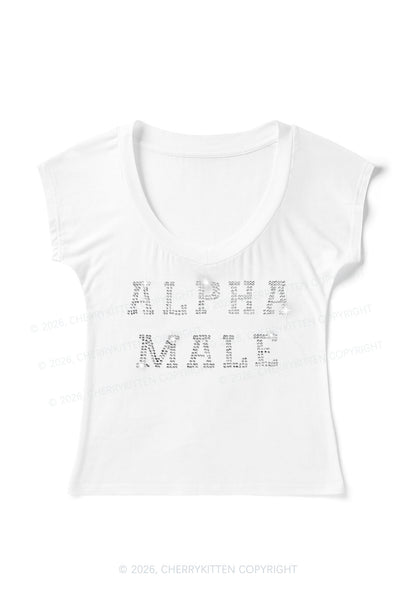Rhinestone Alpha Male Y2K V Neck T Shirts Cherrykitten