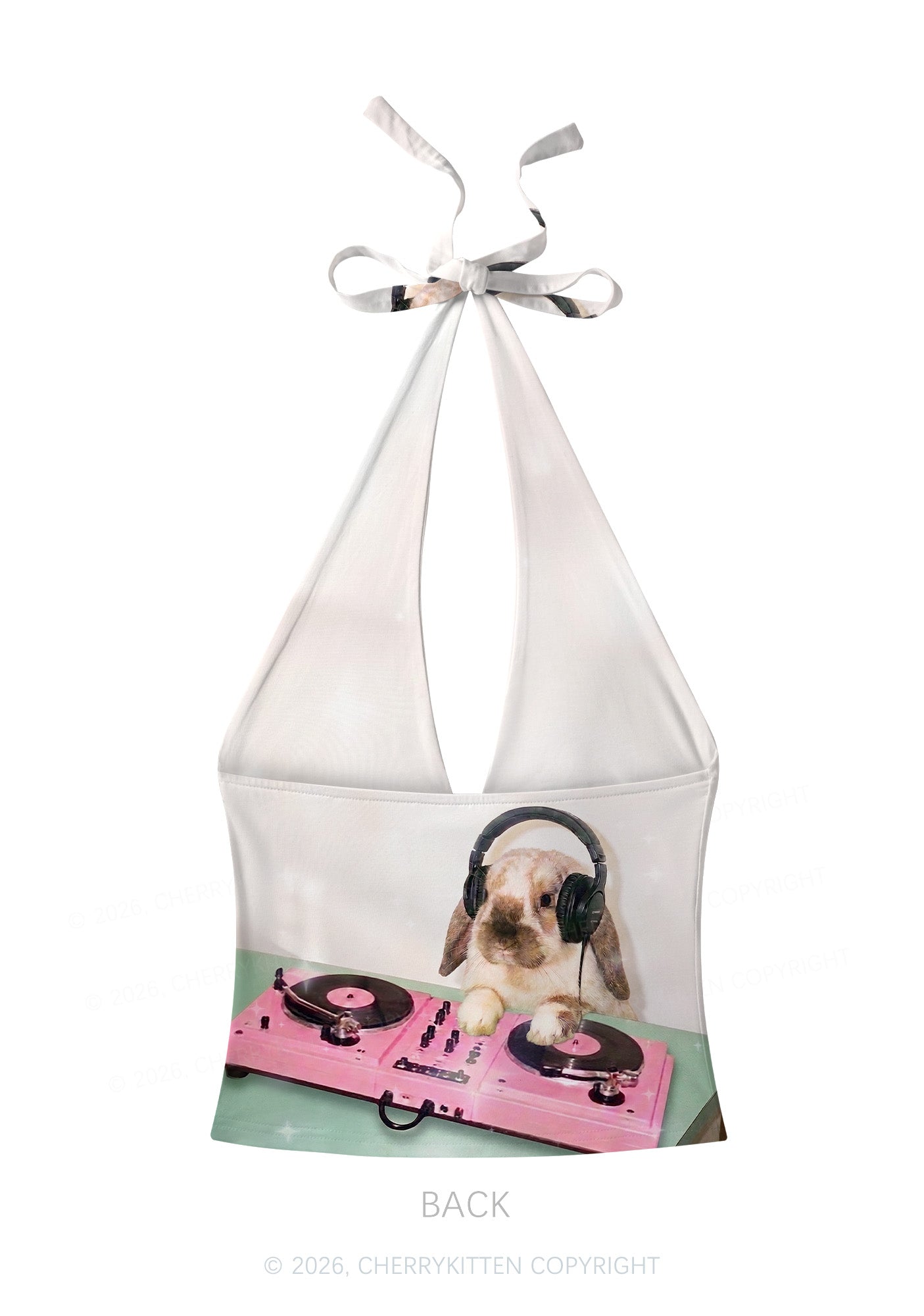 Lop Eared Bunny DJ Y2K Print Halter Deep V Neck Cami Cherrykitten