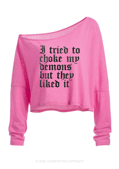 Halloween Choke Demons They Liked Y2K Off Shoulder Long Sleeve Crop Top Cherrykitten