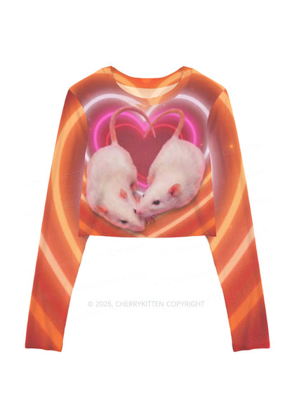 Lesbian Heart Rats Pride Y2K Mesh Long Sleeve Crop Top Cherrykitten