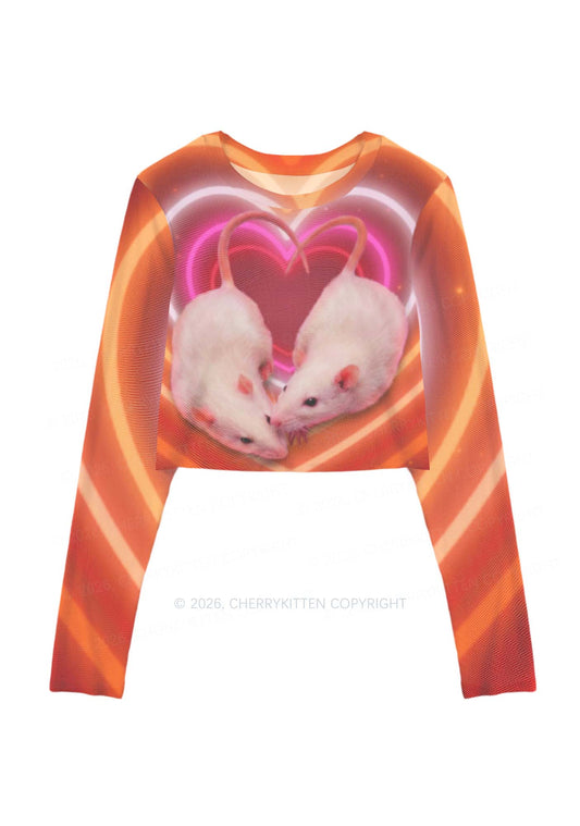Lesbian Heart Rats Pride Y2K Mesh Long Sleeve Crop Top Cherrykitten