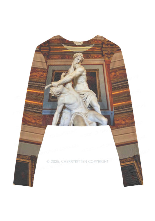 Statue Showdown Y2K Mesh Long Sleeve Crop Top Cherrykitten