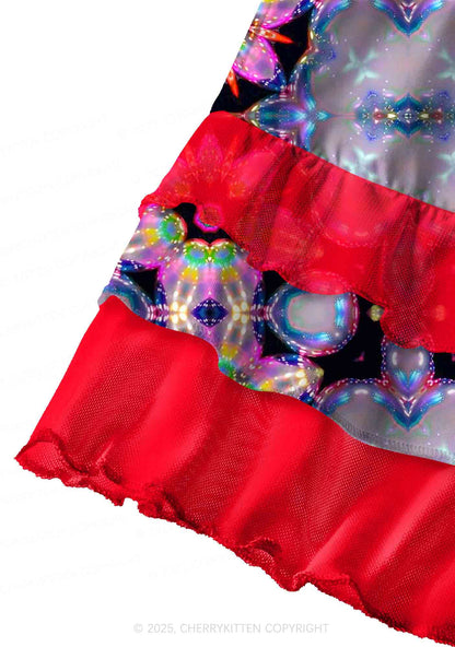 Rainbow Glow Y2K Print Mini Layered Skirt Cherrykitten