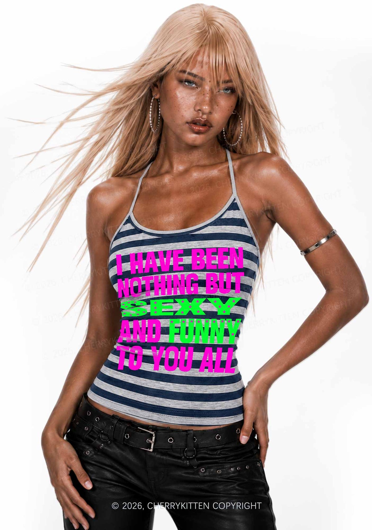 Sx And Funny Y2K Navy Grey Striped Halter Neck Cami Cherrykitten