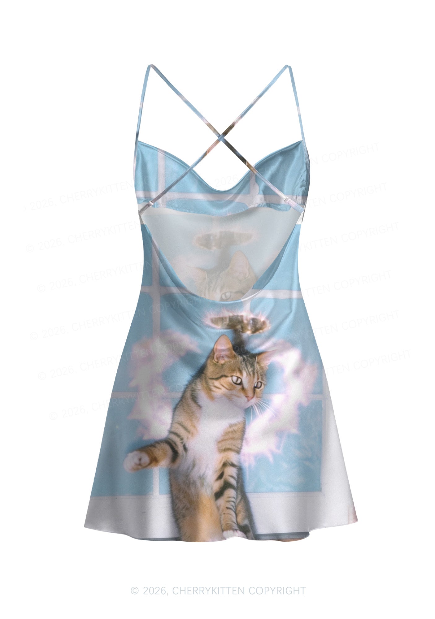 Disco Cat Y2K Print Satin Cowl Neck Slip Dress Cherrykitten