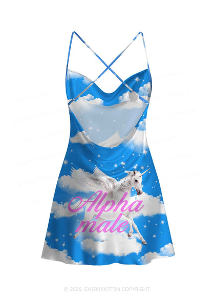 Blue Sky Alpha Male Unicorn Y2K Print Satin Cowl Neck Slip Dress Cherrykitten