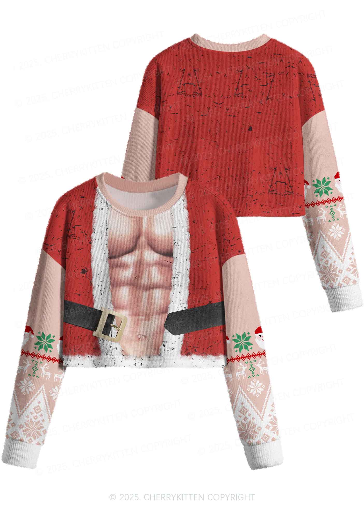 Muscle Santa Y2K Christmas Crop Knit Sweatshirt Cherrykitten