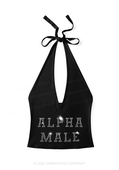 Rhinestone Alpha Male Y2K Halter Deep V Neck Cami Cherrykitten