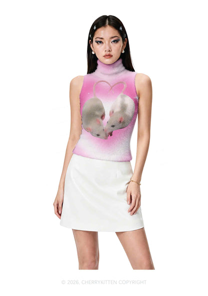 Pink Sweet Rats Valentine's Day Y2K Knit Turtleneck Tank Top Cherrykitten