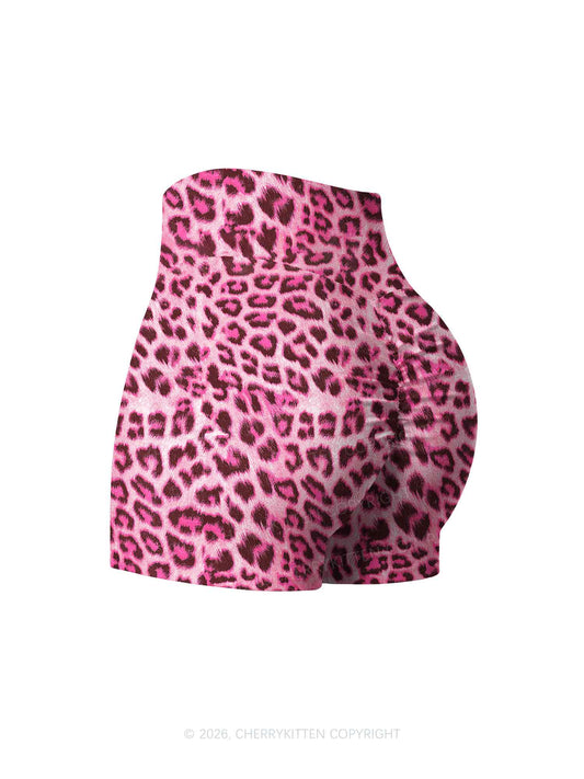 Pink Leopard Y2K Print Yoga Shorts Cherrykitten