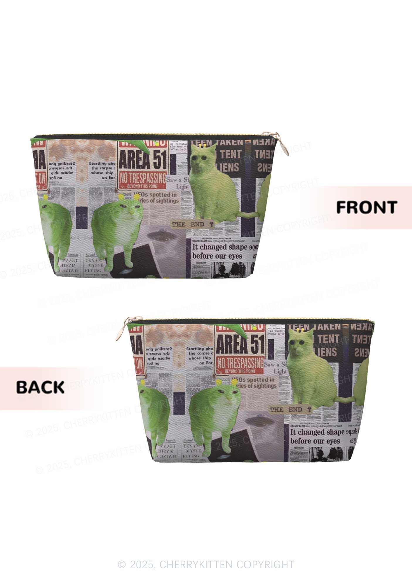 Green Alien Kitten Y2K Leather Makeup Bag Cherrykitten