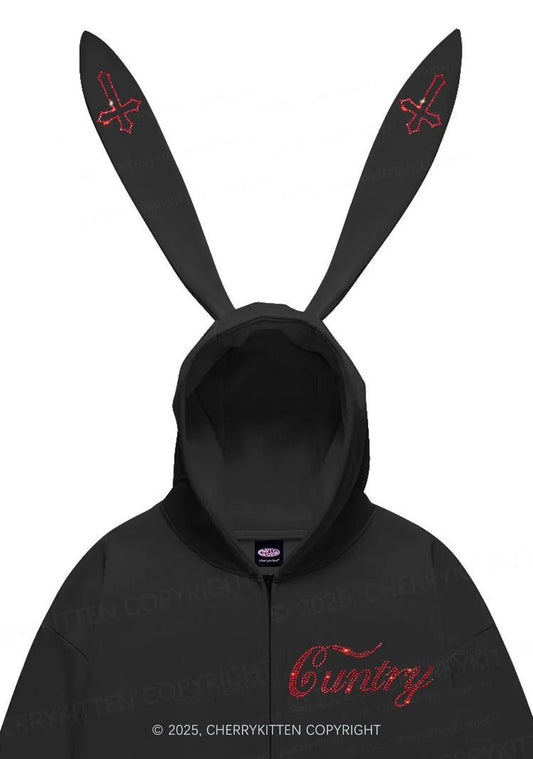 Rhinestone Cuntry Cross Y2K Bunny Ear Zip Hoodie Cherrykitten