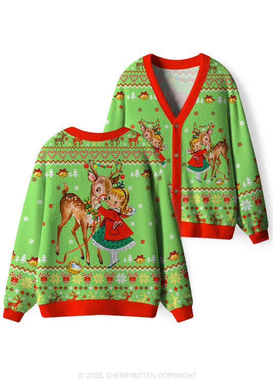 Girl Reindeer Y2K Christmas Cardigan Knit Sweatshirt Cherrykitten