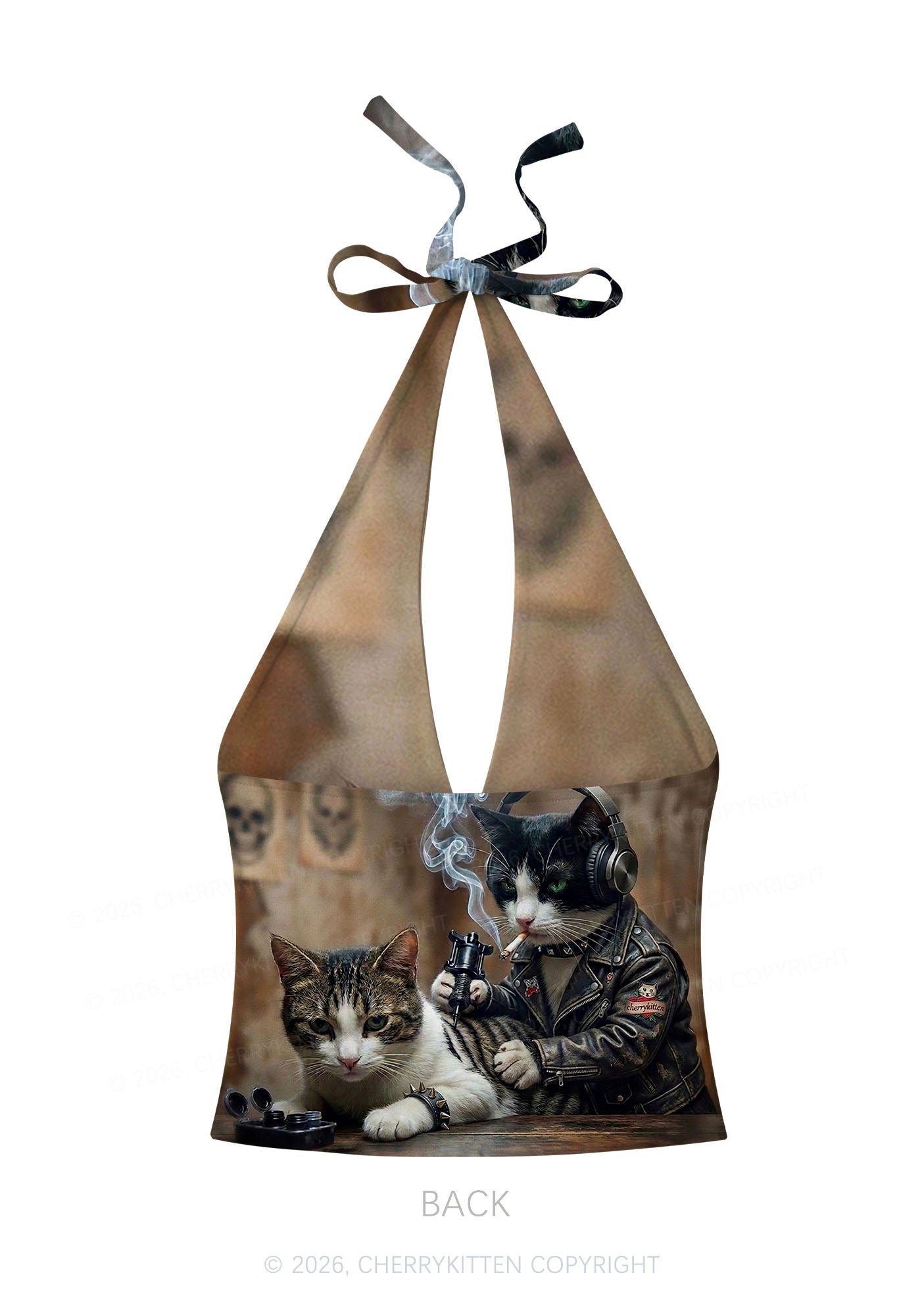 Smoking Cats Tattoo Scene Y2K Print Halter Deep V Neck Cami Cherrykitten