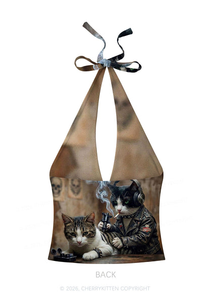 Smoking Cats Tattoo Scene Y2K Print Halter Deep V Neck Cami Cherrykitten