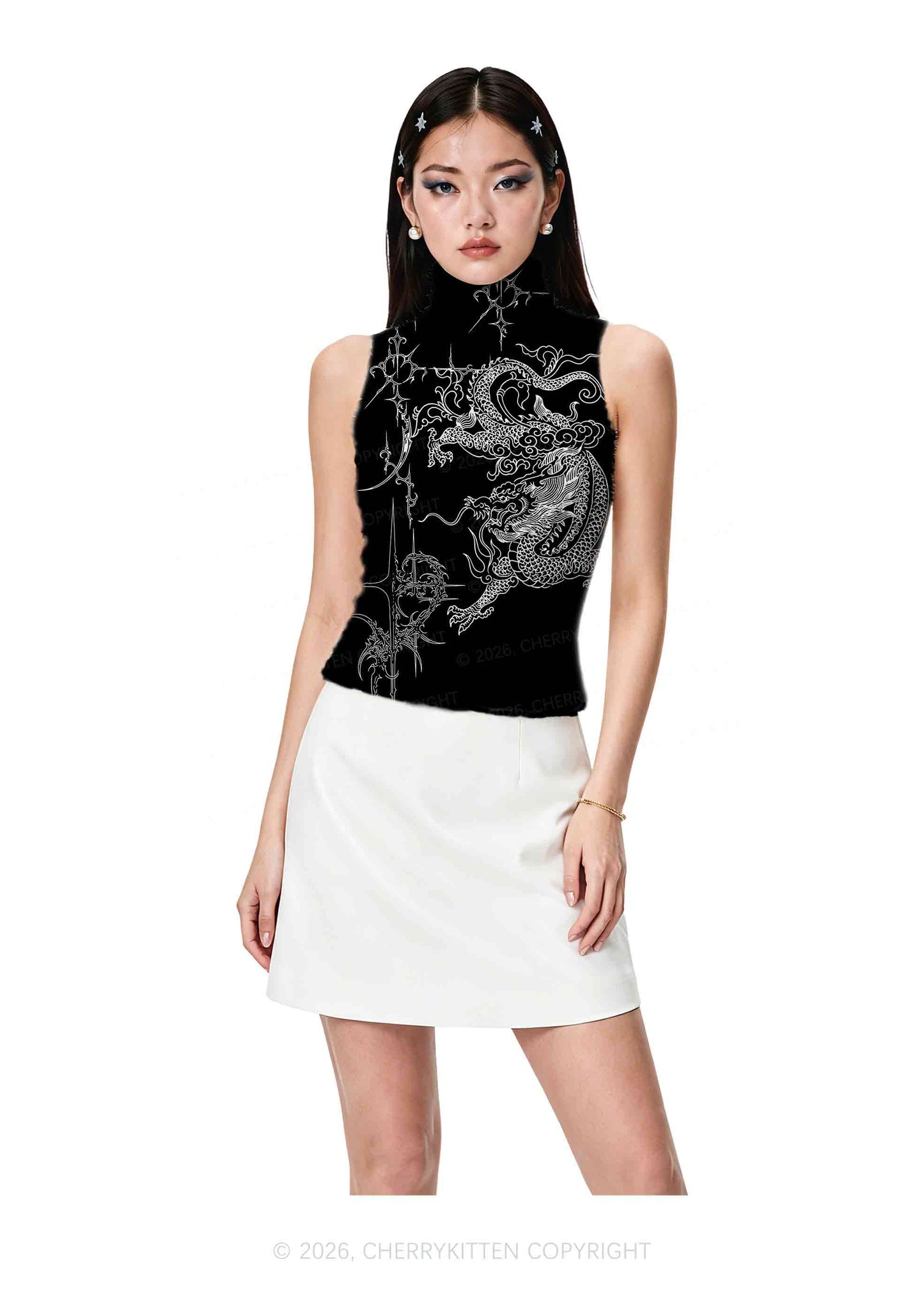 Halloween White Dragon On Black Y2K Knit Turtleneck Tank Top Cherrykitten