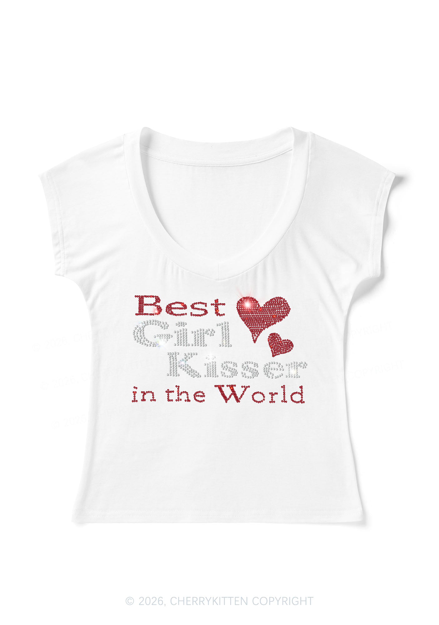 Rhinestone Best Girl Kisser Pride Y2K V Neck T Shirts Cherrykitten