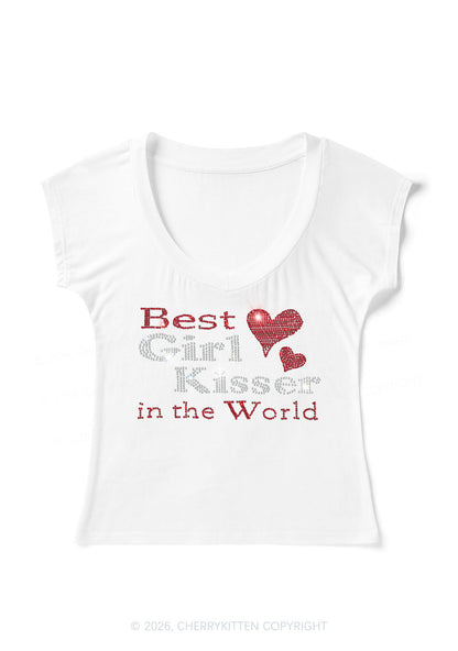 Rhinestone Best Girl Kisser Pride Y2K V Neck T Shirts Cherrykitten