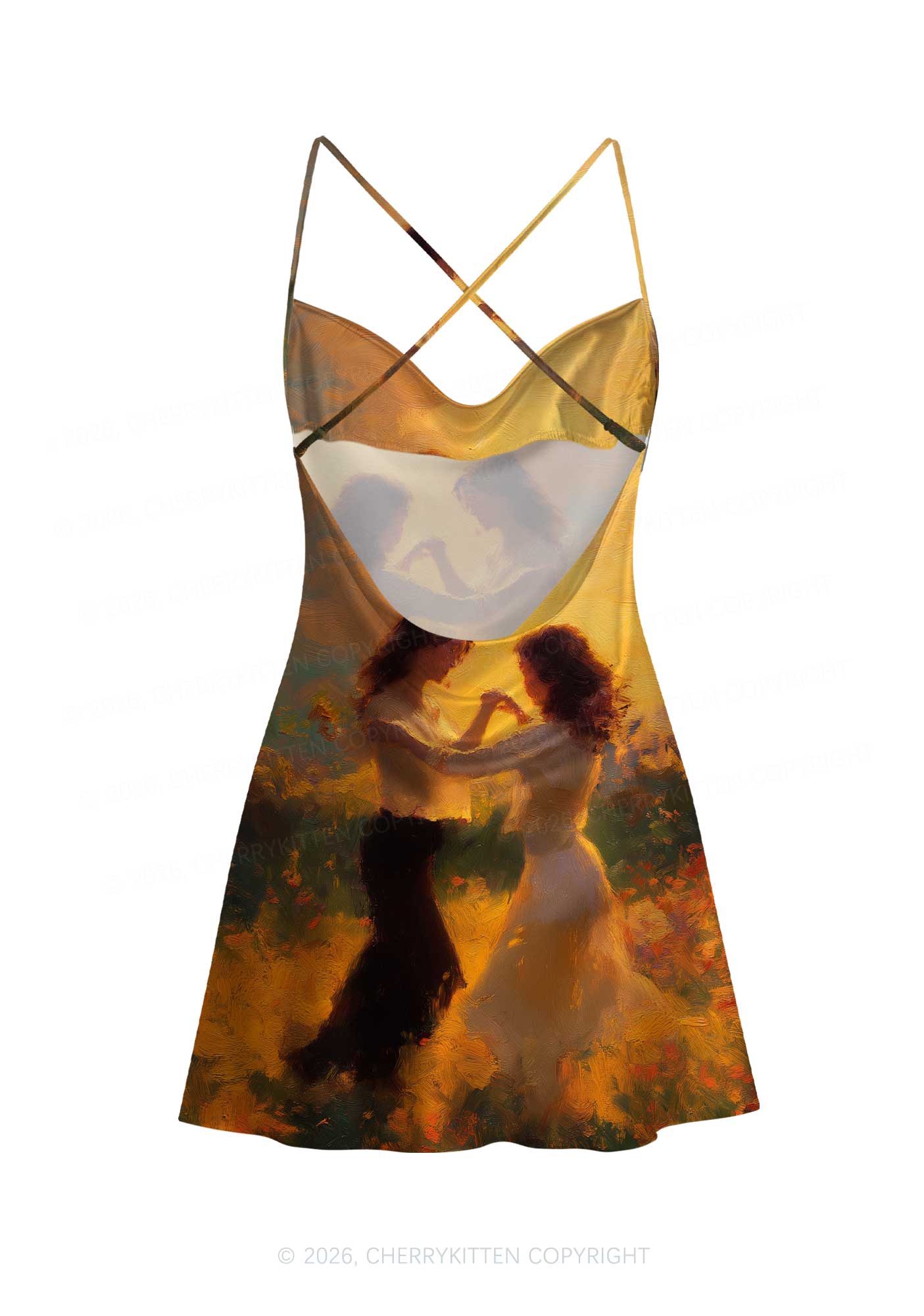 Lesbian Couple Dancing Pride Y2K Print Satin Cowl Neck Slip Dress Cherrykitten
