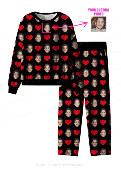 Custom Black Hearts Photo Y2K Valentine's Day Y2K Fleece Long Sleeve Pajama Set Cherrykitten