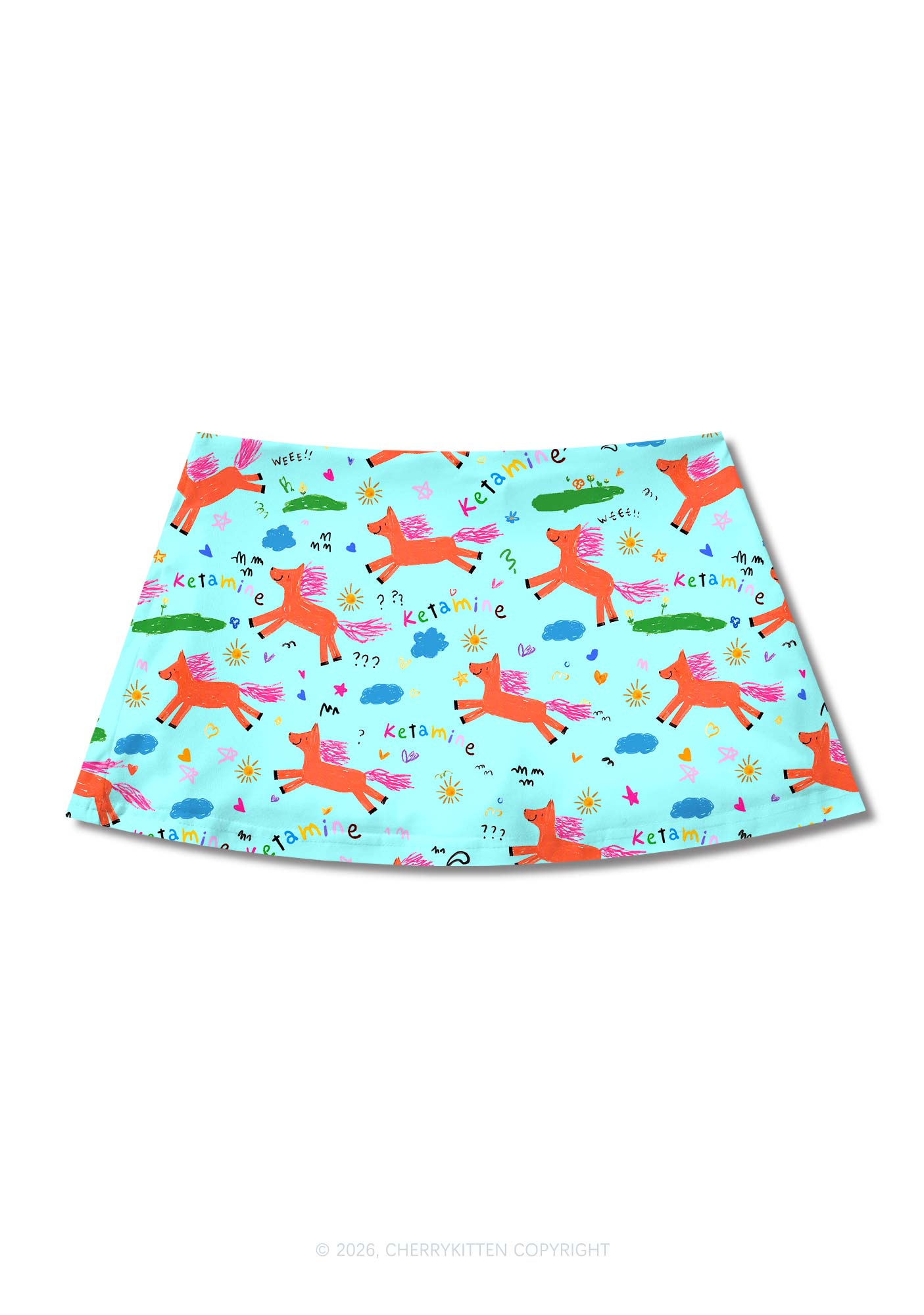 Orange Pony On Mint Green Y2K Print Mini Skirt Cherrykitten