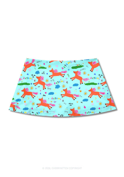 Orange Pony On Mint Green Y2K Print Mini Skirt Cherrykitten