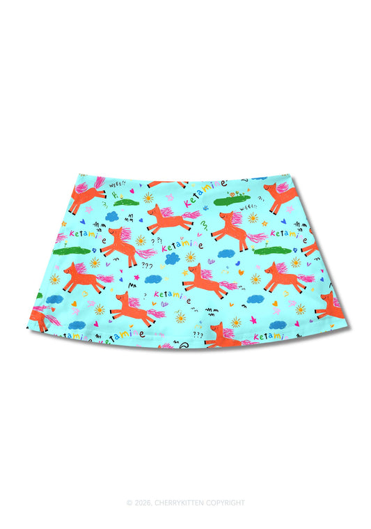 Orange Pony On Mint Green Y2K Print Mini Skirt Cherrykitten
