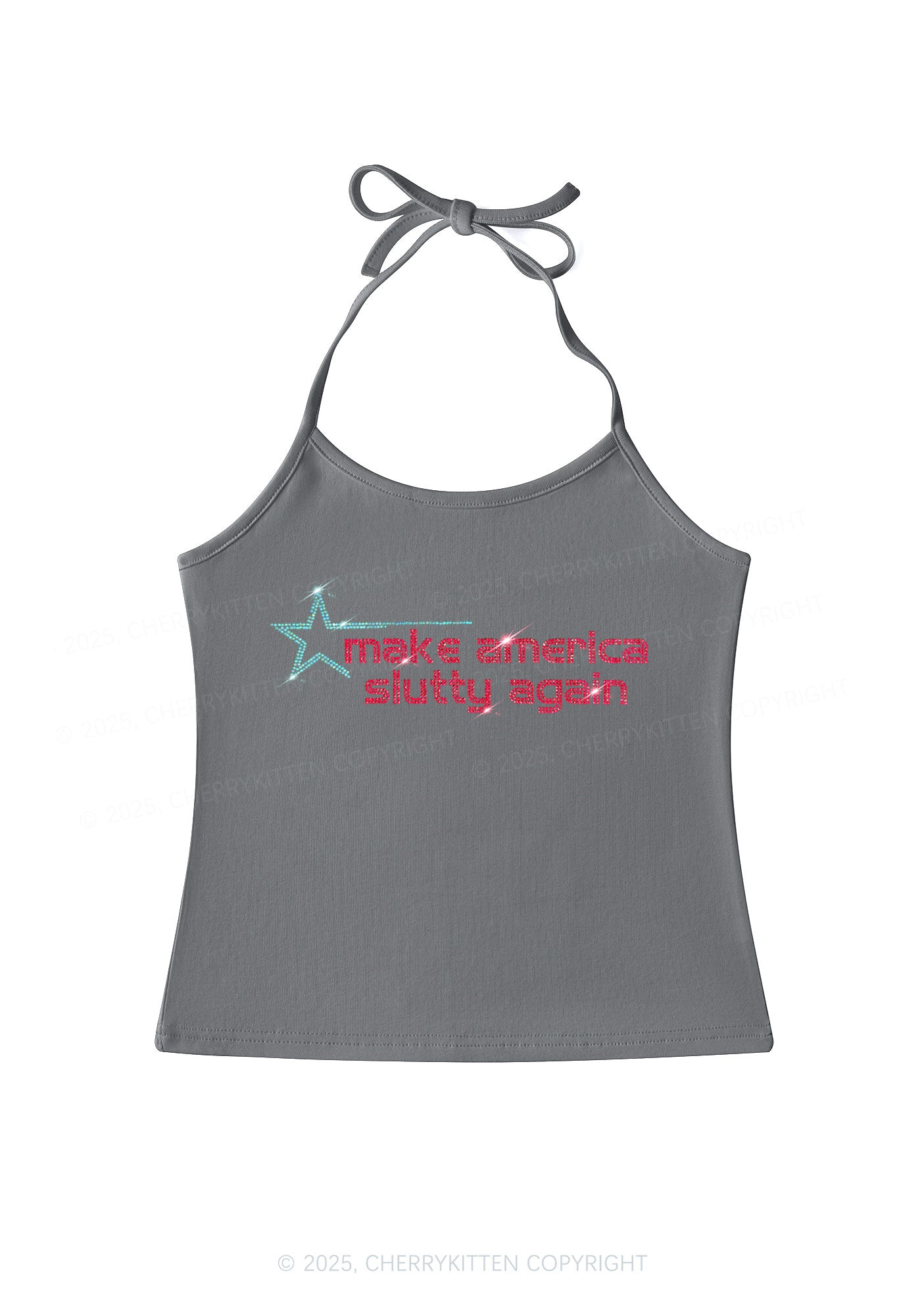 Rhinestone Make America Slxtty Again Y2K Halter Neck Cami Cherrykitten