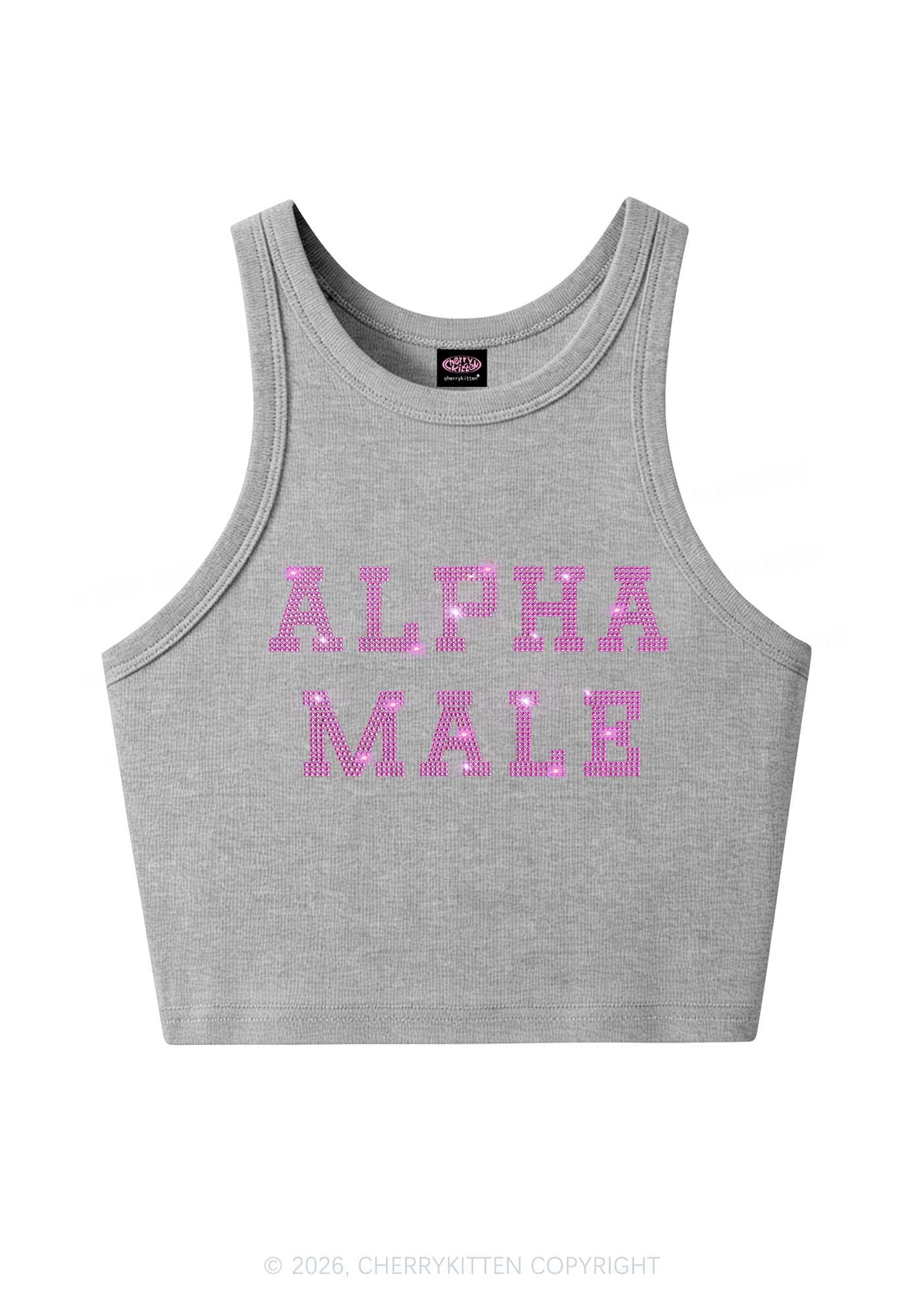 Rhinestone Pink Alpha Male Y2K Crop Tank Top Cherrykitten