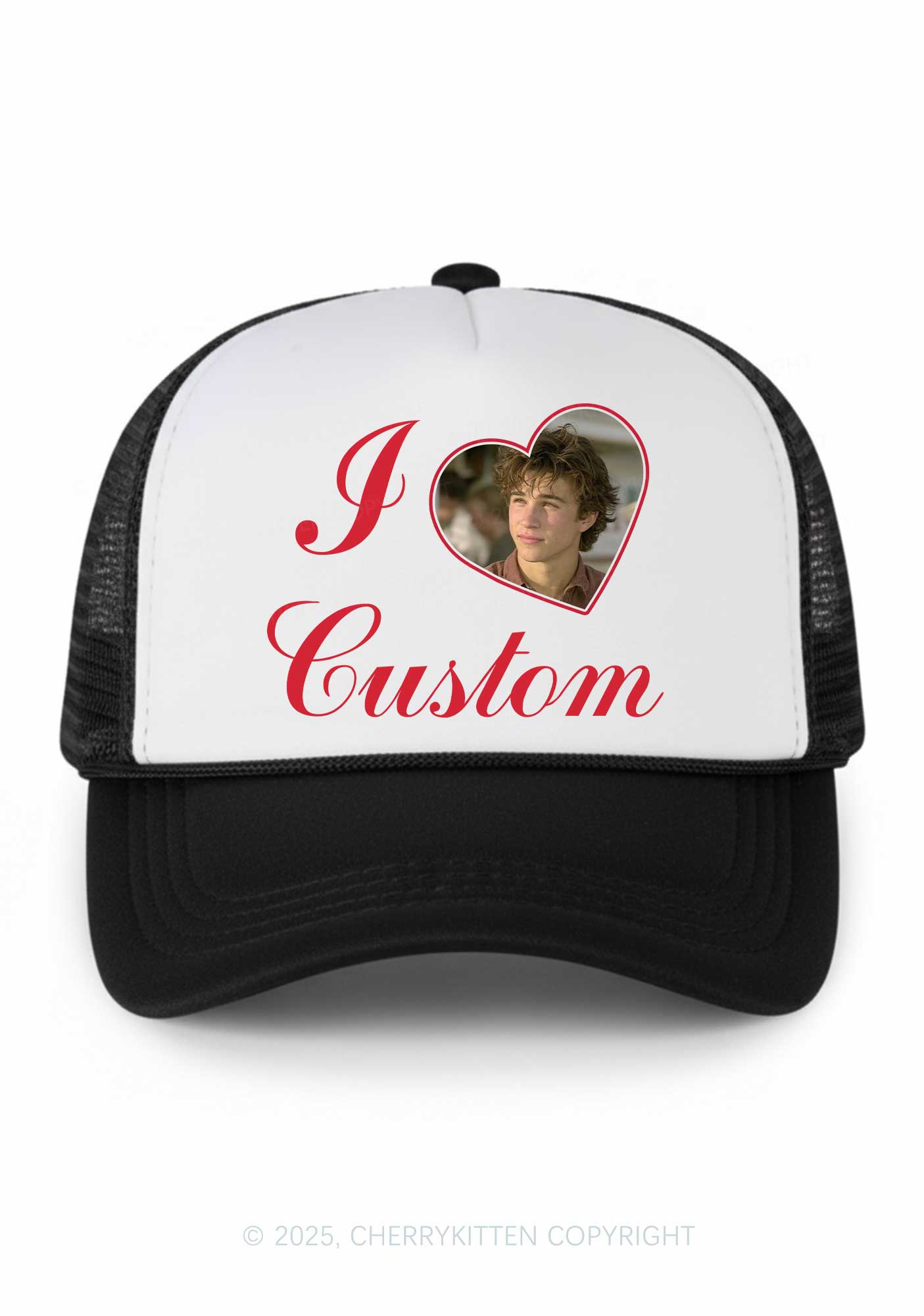 I Love Custom Photo Valentine's Day Y2K Colorblock Trucker Hat Cherrykitten