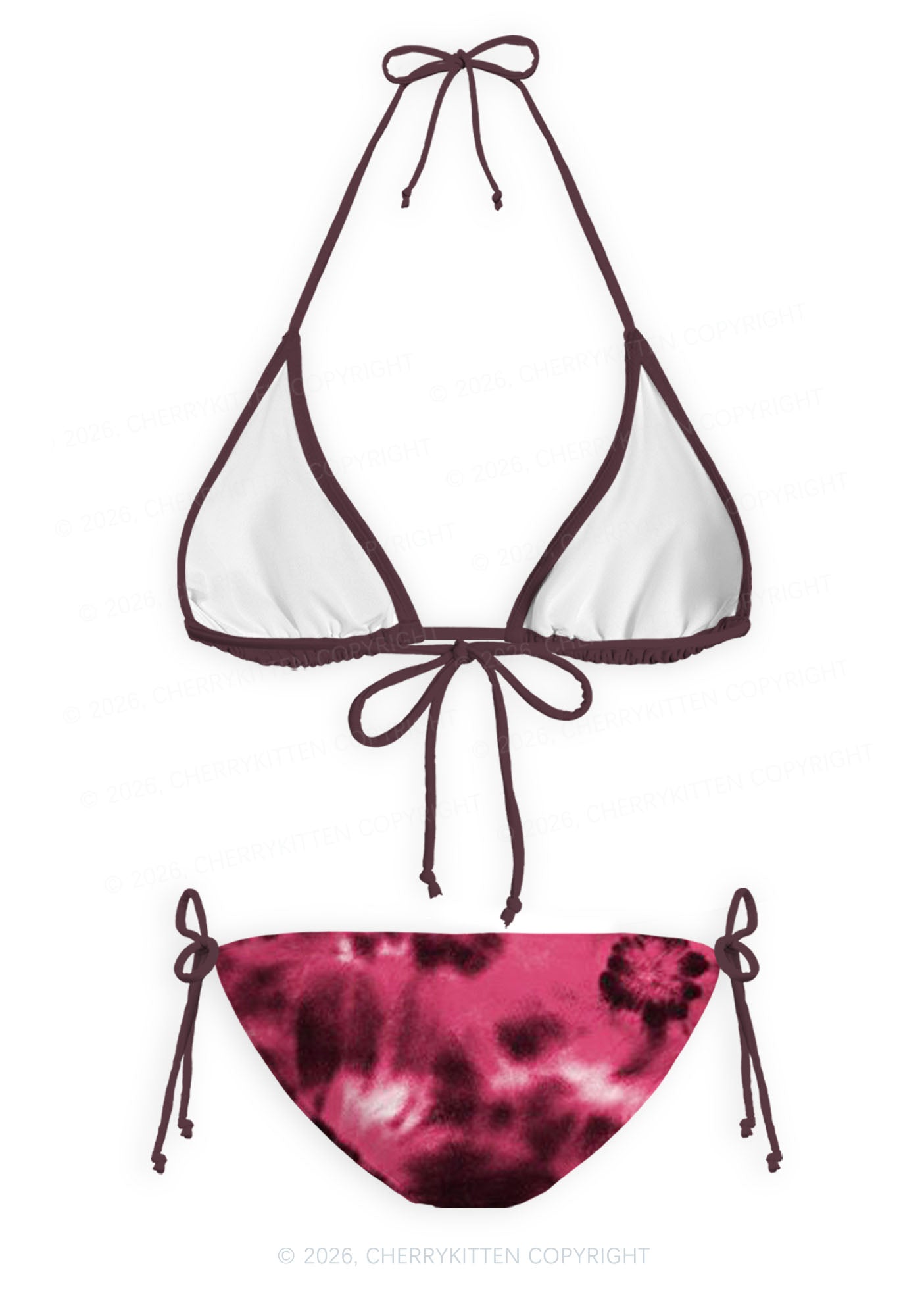 Wine Red Tie Dye Y2K Print Bikini Set Cherrykitten