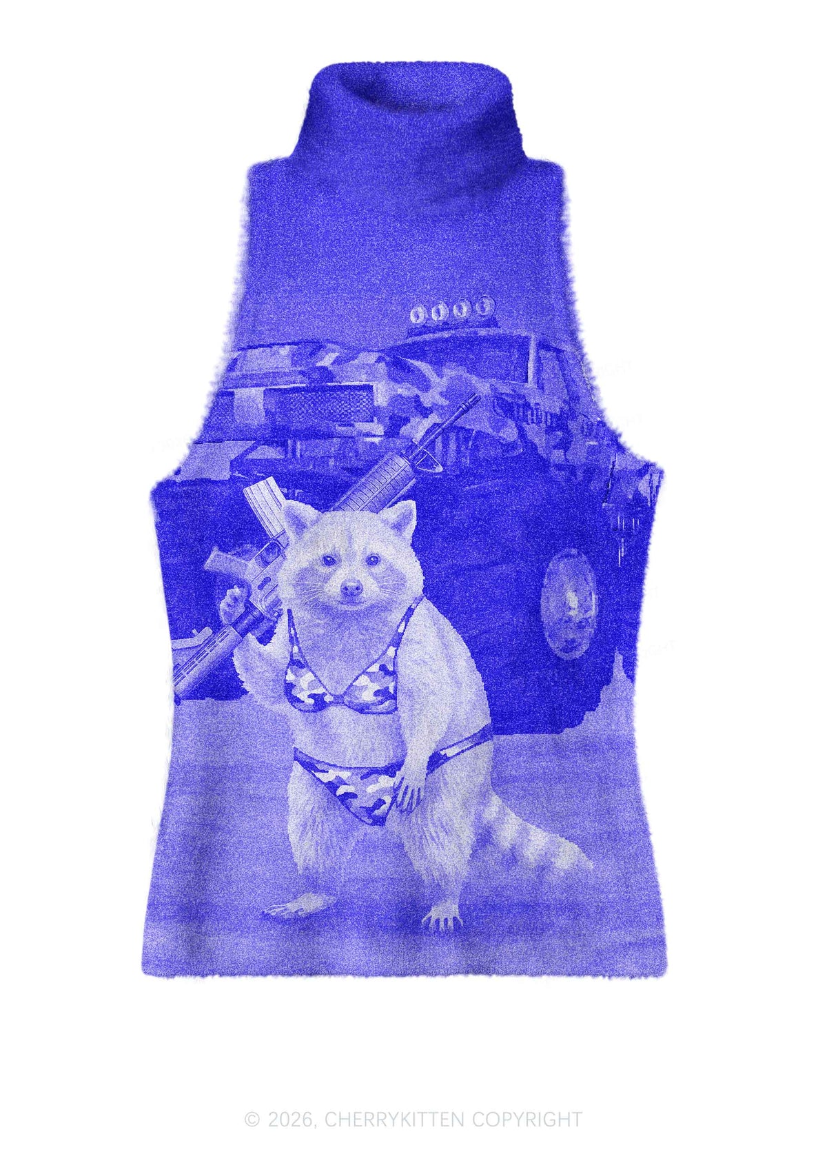 Blue Camouflage Bikini Raccoon Y2K Knit Turtleneck Tank Top Cherrykitten