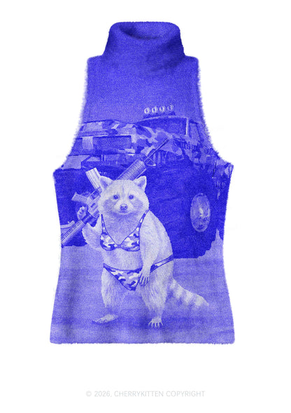 Blue Camouflage Bikini Raccoon Y2K Knit Turtleneck Tank Top Cherrykitten