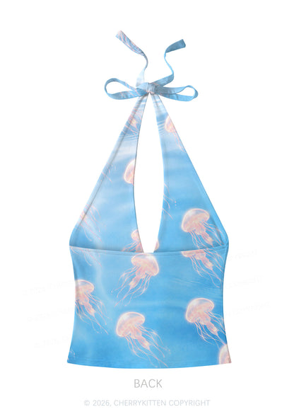 Pink Jellyfish Underwater Y2K Print Halter Deep V Neck Cami Cherrykitten