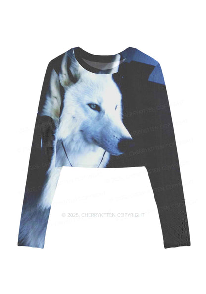White Wolf Y2K Mesh Long Sleeve Crop Top Cherrykitten