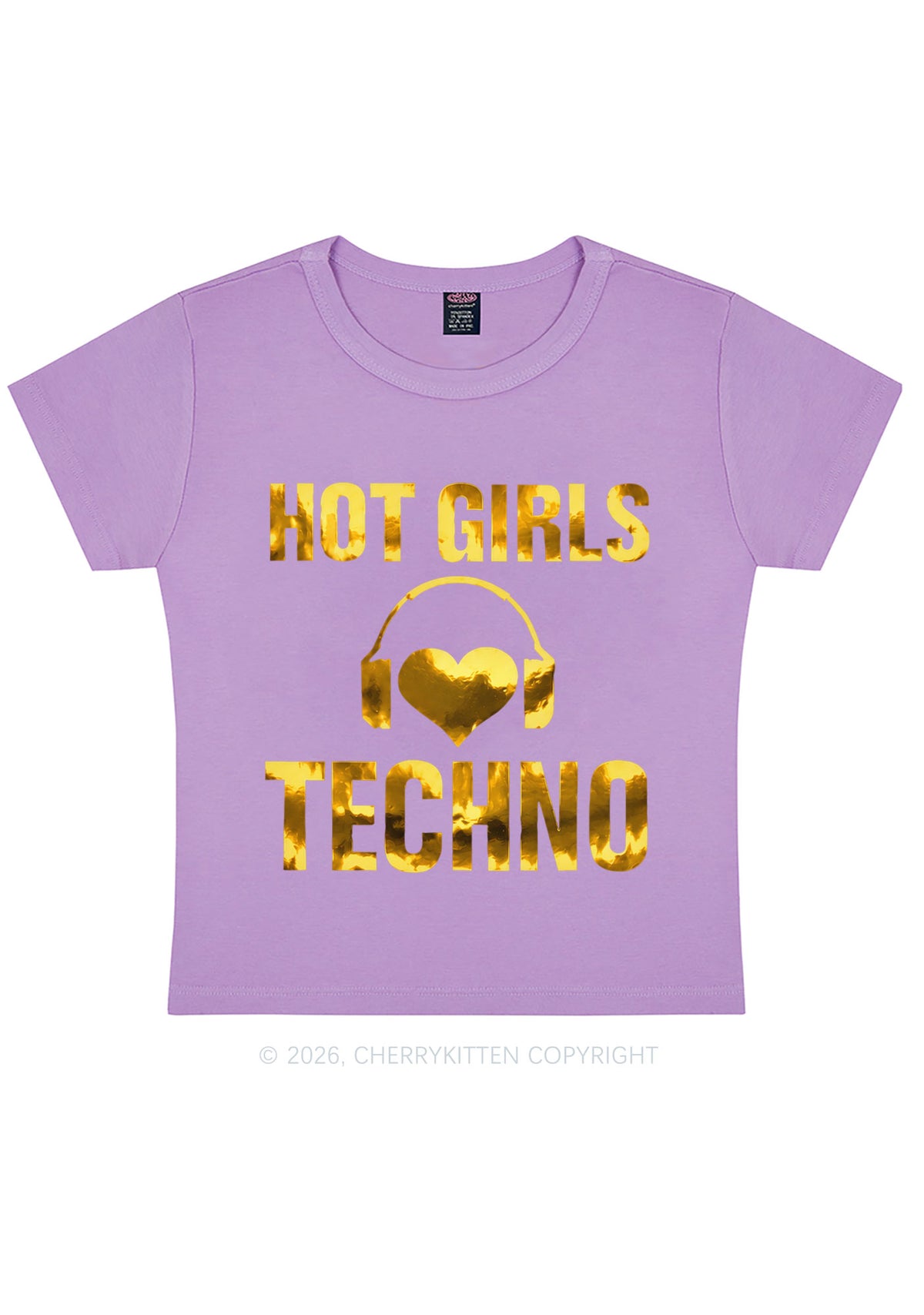 Hot Girls Love Techno Silver Foil Printed Y2K Baby Tee Cherrykitten