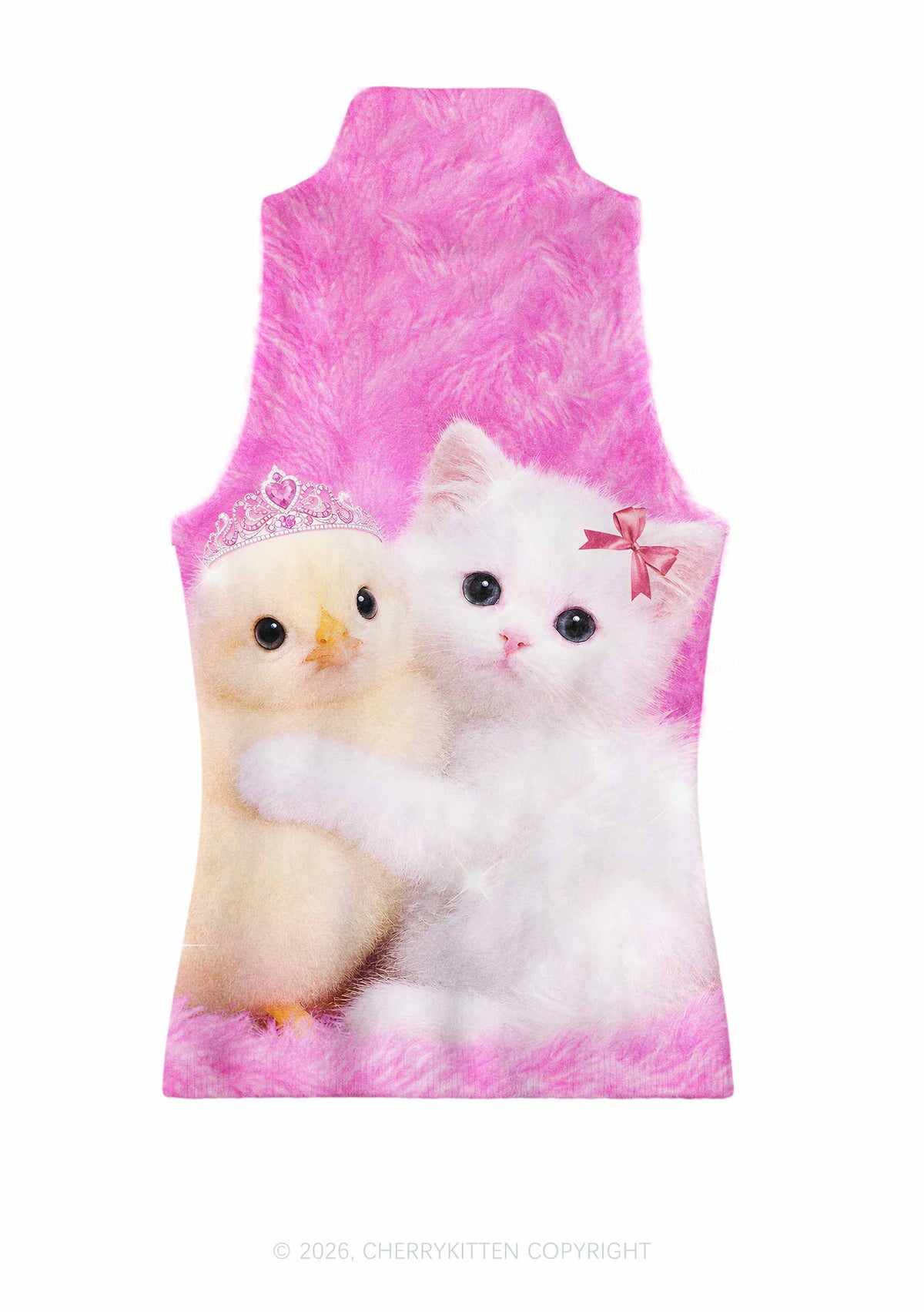 Kitten Hugging Chick Y2K Knit Turtleneck Tank Top Cherrykitten