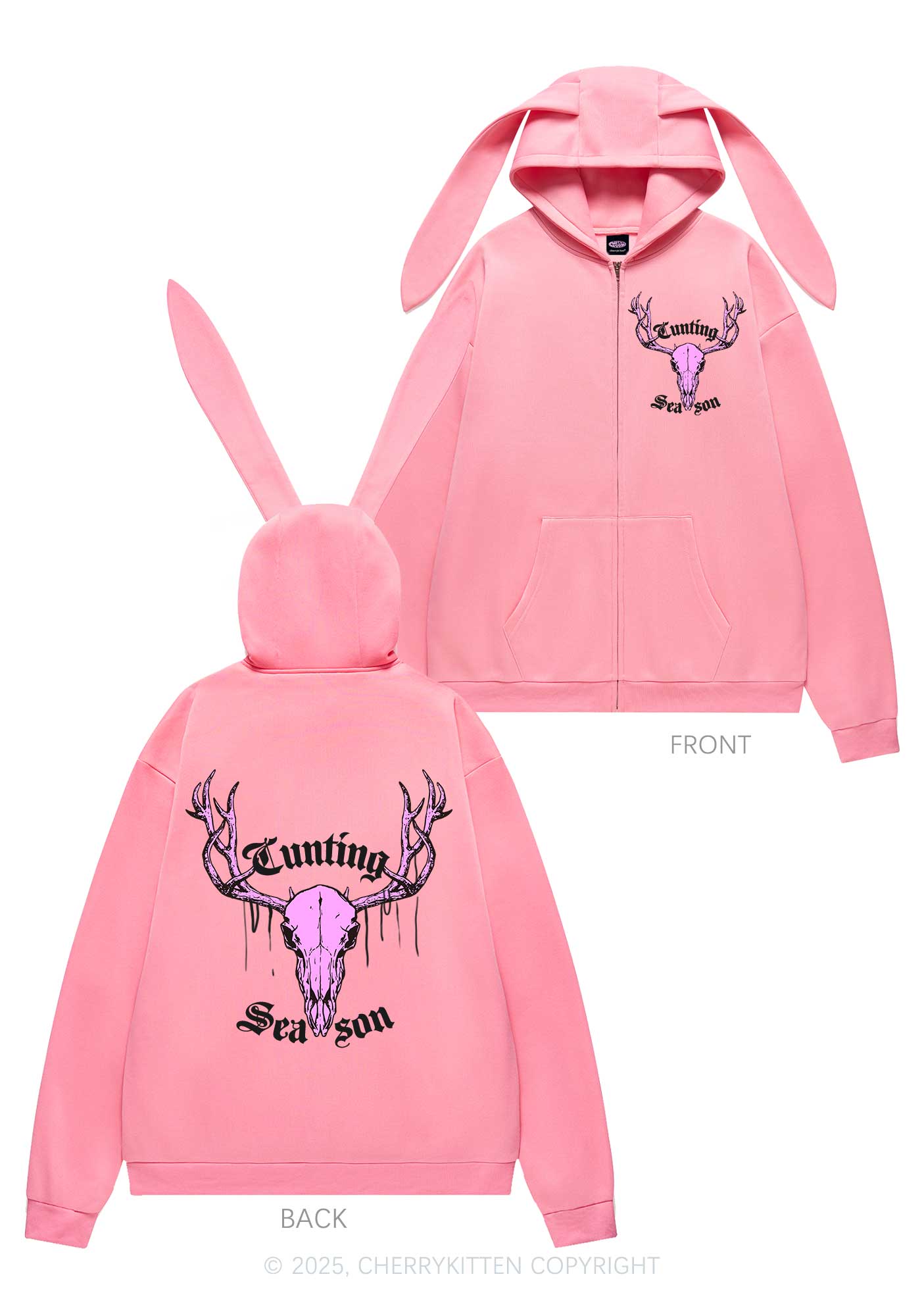 Cunting Season Skull Y2K Bunny Ear Zip Hoodie Cherrykitten