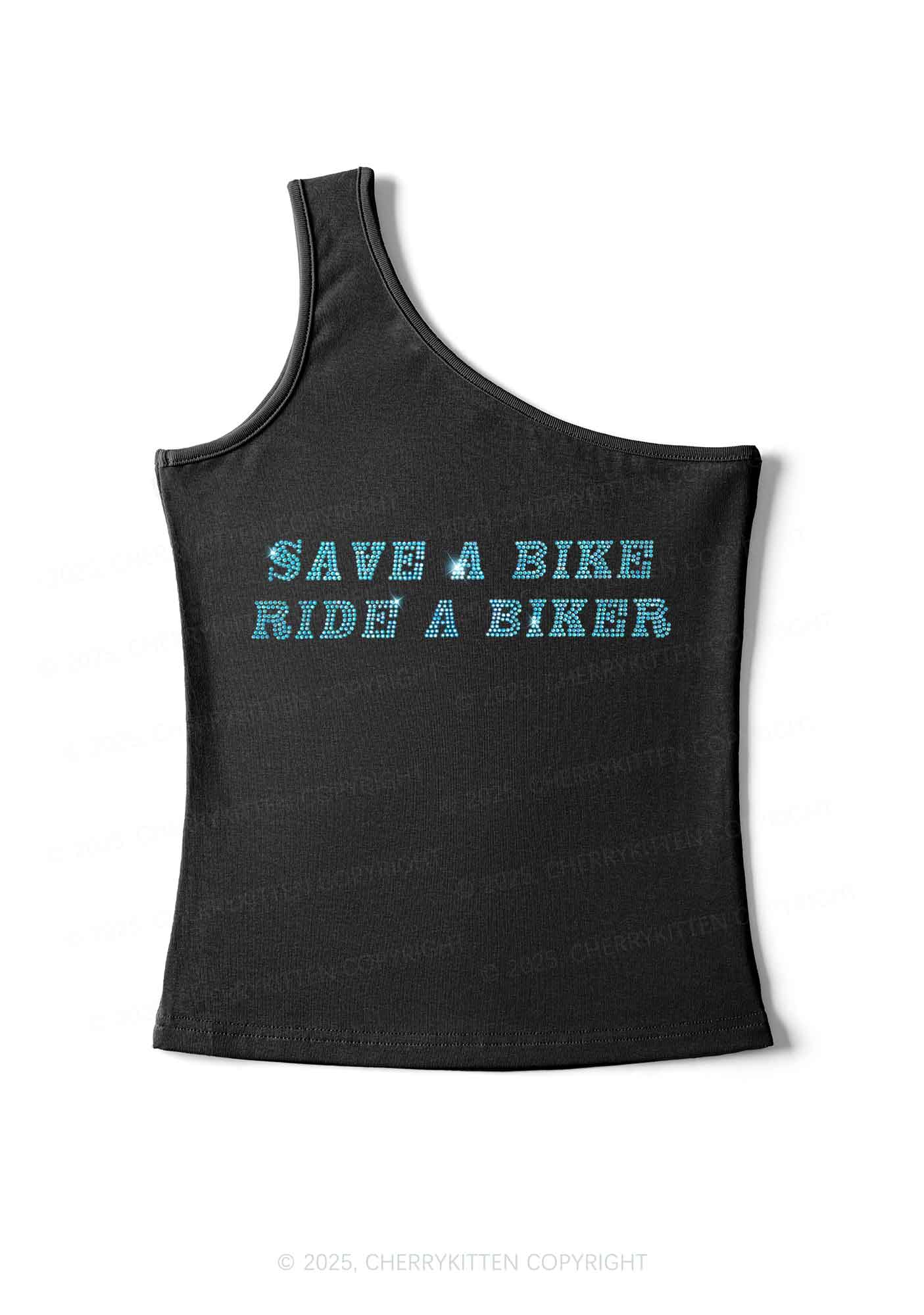 Rhinestone Save Bike Ride Biker Y2K One Shoulder Tank Top Cherrykitten