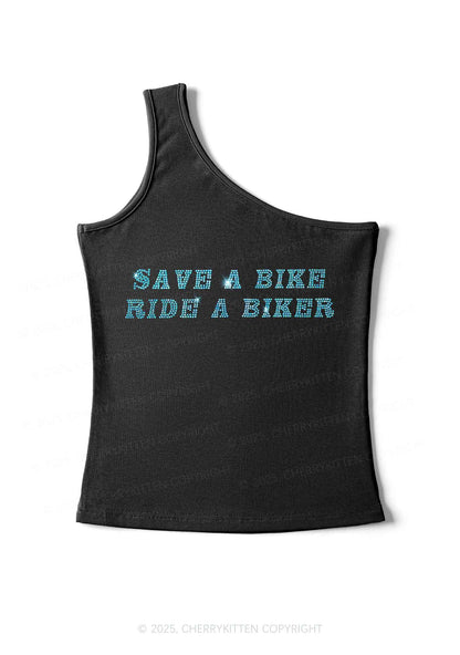 Rhinestone Save Bike Ride Biker Y2K One Shoulder Tank Top Cherrykitten
