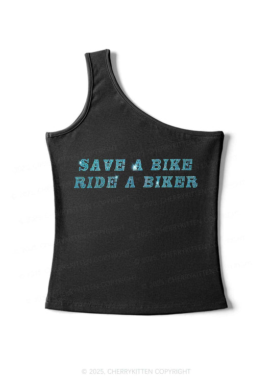 Rhinestone Save Bike Ride Biker Y2K One Shoulder Tank Top Cherrykitten